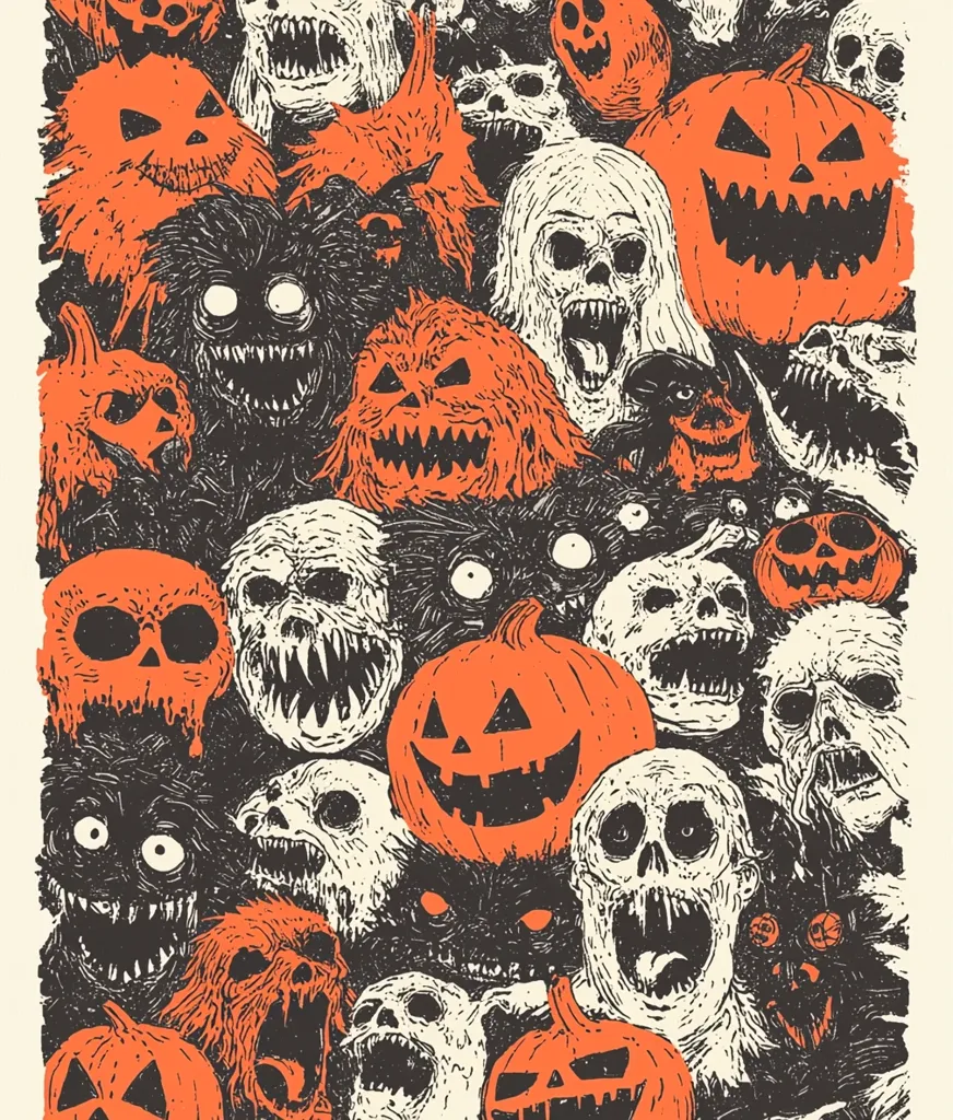 A chaotic and spooky illustration with a Halloween theme features various ghoulish faces and jack-o'-lanterns.  The artwork is composed of a multitude of grinning skulls, monstrous creatures, and pumpkins with eerie expressions.  The orange and black colors create a vibrant and unsettling atmosphere.  The overall effect is one of playful horror, perfect for celebrating Halloween.