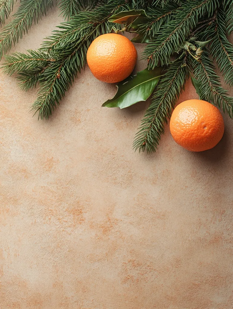 Two whole oranges lie on a light brown textured surface, partially obscured by a sprig of evergreen. The image is cropped to leave a large amount of empty space. The oranges are the focal point, while the evergreen creates a sense of depth and interest. The soft, warm lighting enhances the inviting and natural feel of the composition.