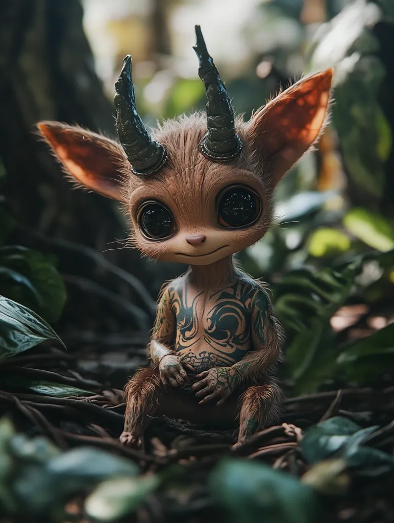 A small, furry creature with large eyes and horns sits amongst leafy vines and branches. It has intricate tattoos across its body and looks directly at the camera with a curious and innocent expression.  The creature's features are both whimsical and slightly unsettling, evoking a sense of fantasy and mystery.