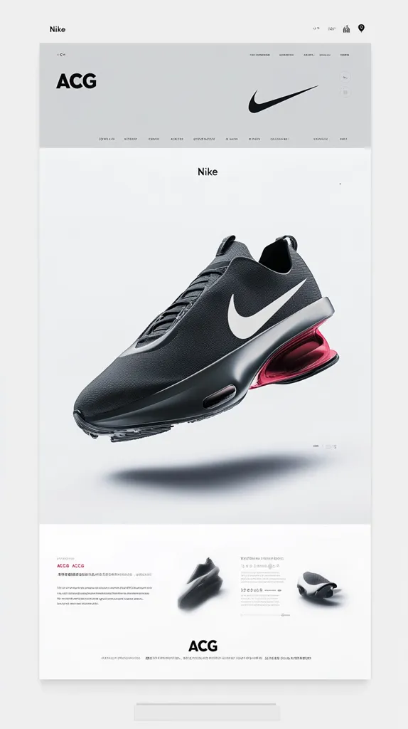 The image is a minimalist website design for Nike's ACG line of shoes. The focus is on a single black and white shoe with a red outsole, displayed in a clean white space. The shoe is positioned slightly off-center, adding visual interest. The background includes the Nike logo and a navigation bar, highlighting the brand and emphasizing the shoe's role within the Nike ecosystem. The text on the page is minimal and focused on the product, making it easy for the viewer to understand the shoe's key features and benefits. The overall design aesthetic is sleek and modern, reflecting the brand's commitment to innovative and high-performance footwear.