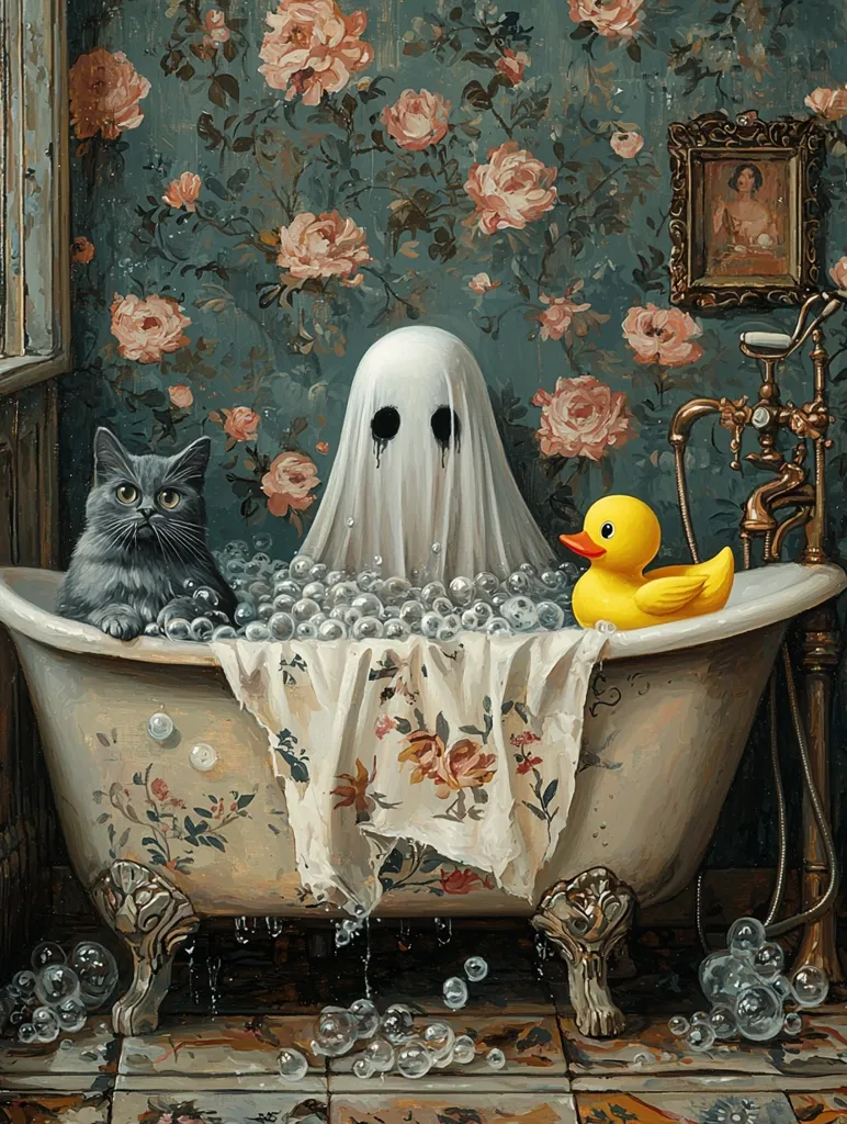 A black cat, a ghost, and a yellow rubber duck are in a claw-footed bathtub. They are surrounded by bubbles and a floral patterned towel draped across the top. The background is a floral wallpaper with a picture frame hanging on the wall. The bathtub is on a tiled floor with a vintage-style faucet visible. The scene is painted in a realistic style.