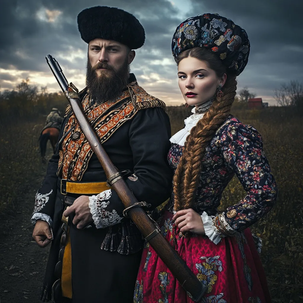 A man and a woman in traditional attire stand in a field. The man wears a black coat with gold trim, a black fur hat, and holds a rifle. The woman has long, braided hair and a floral print dress with a large ornate headdress. The couple appears to be from a historical period, perhaps the 18th or 19th century. The sky behind them is stormy and overcast.  The image evokes a sense of history and romance.