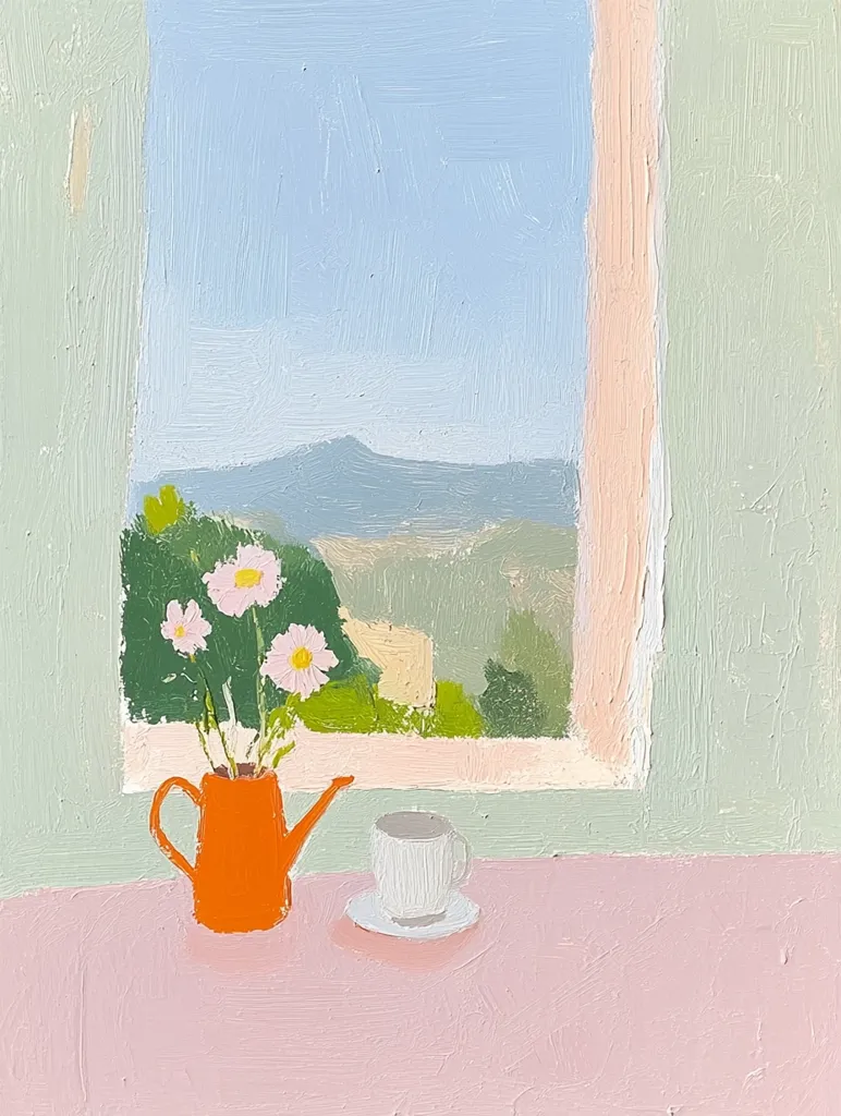 The painting depicts a window overlooking a verdant landscape with rolling hills. A bright orange watering can filled with delicate white flowers sits on a pink table in the foreground, next to a white teacup.  The soft brushstrokes and muted colors create a sense of peaceful tranquility.