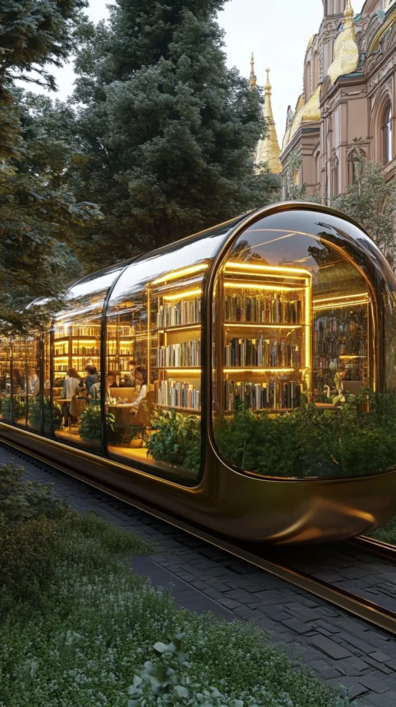 A futuristic, gold-colored train carriage is parked on a cobblestone path. The carriage is made of glass and offers a glimpse into its interior, revealing bookshelves and people sitting at tables. The exterior is surrounded by lush greenery. In the background, the tops of a gold-domed building are visible through the trees. The scene blends modern design with a touch of historical architecture.