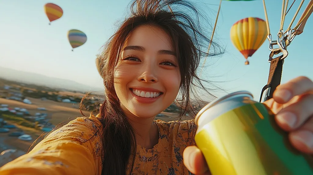 A young woman with long dark hair smiles broadly at the camera, holding a can of drink in her right hand. She is wearing a yellow floral top and her hair is blowing in the wind. In the background, there are hot air balloons floating in the sky.  The scene is bright and cheerful.