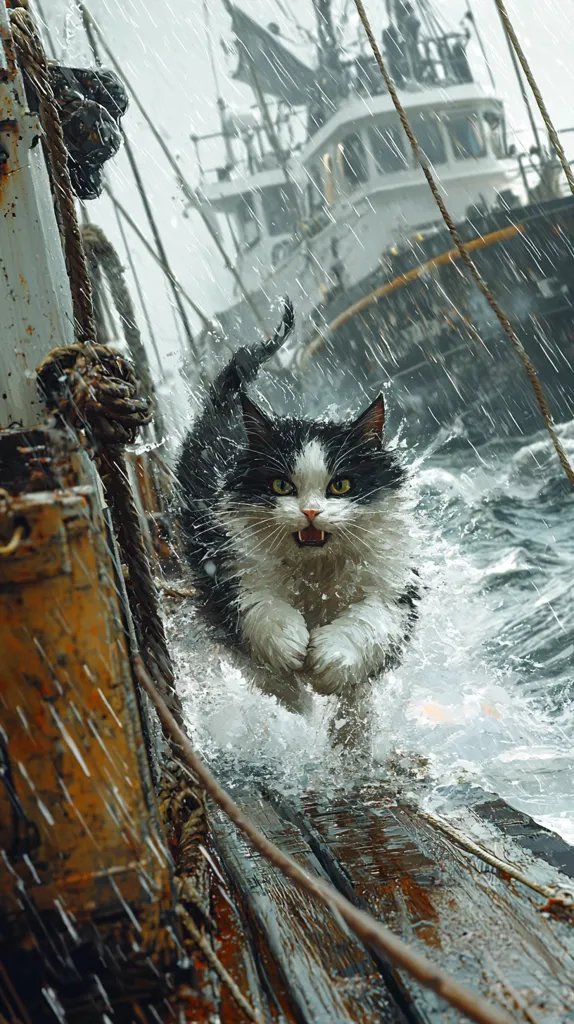 A black and white cat runs across the deck of a boat in a heavy downpour. The cat is wet and its fur is plastered to its body. The boat is old and weathered, with ropes and other nautical equipment hanging from its sides. The sea is choppy and the rain is coming down in sheets. The cat's expression is fierce and determined. The scene is both dangerous and beautiful. The cat is a symbol of resilience and strength in the face of adversity.