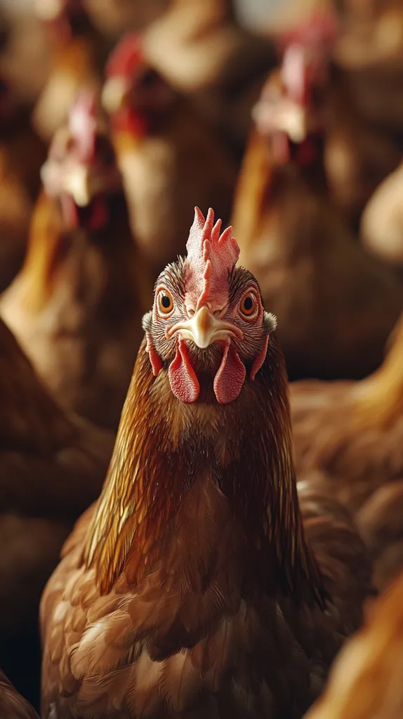 A close-up shot of a brown hen, with its red wattle and comb, staring directly at the camera.  The hen is surrounded by other chickens, all blurred in the background, creating a shallow depth of field. The image captures a sense of curiosity and alertness in the hen's eyes.