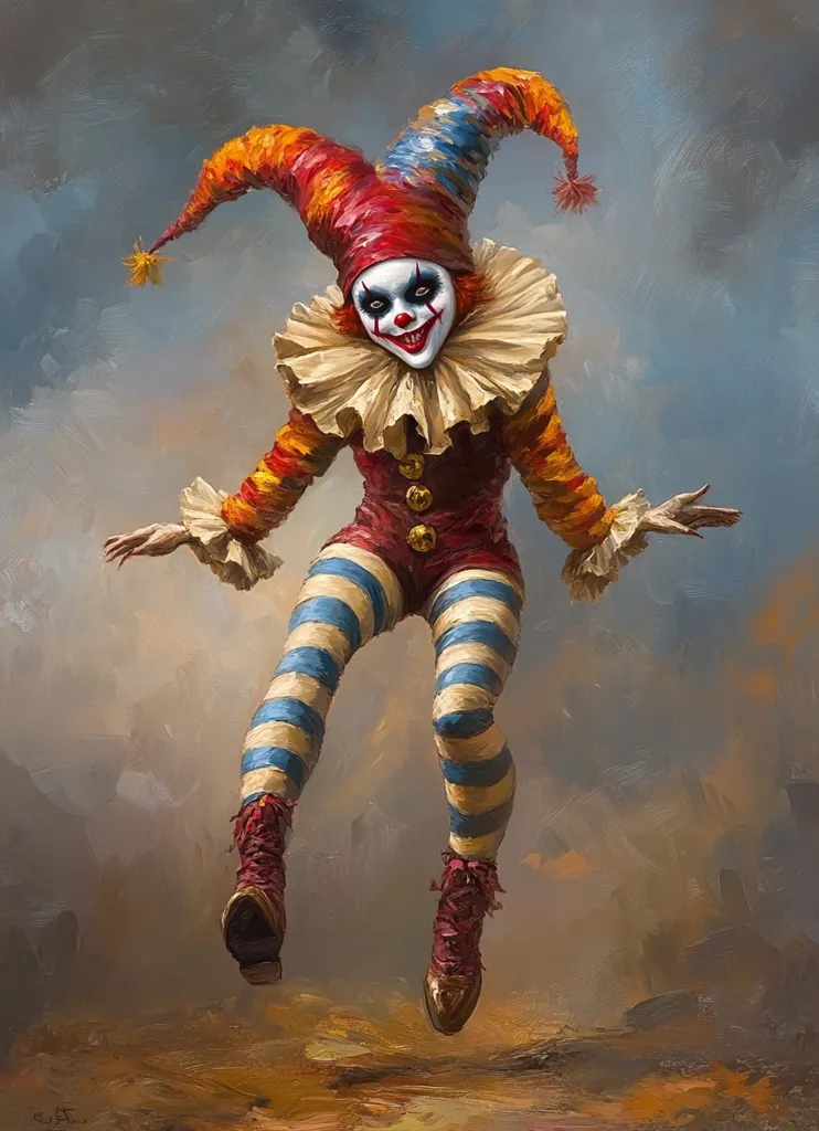 A clown with a sinister smile and a jester's hat leaps through the air with a wild, manic energy. The clown is dressed in a vibrant costume of red, yellow, and blue stripes, with a ruffled collar and large, oversized shoes. The background is a blurry canvas of muted colors, suggesting a sense of chaos and disorientation. The overall impression is one of unsettling amusement, a macabre playfulness.