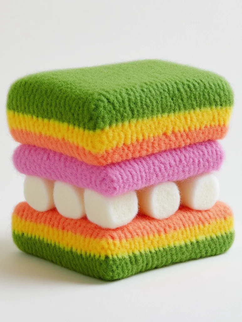 The image shows a colorful, crocheted object that resembles a layered cake. It's made of green, yellow, orange, and pink yarn, with a row of white, round shapes in the middle. The object has a soft, textured appearance and is likely a handmade piece of art. It's displayed on a white background, highlighting its bright colors and unique design.