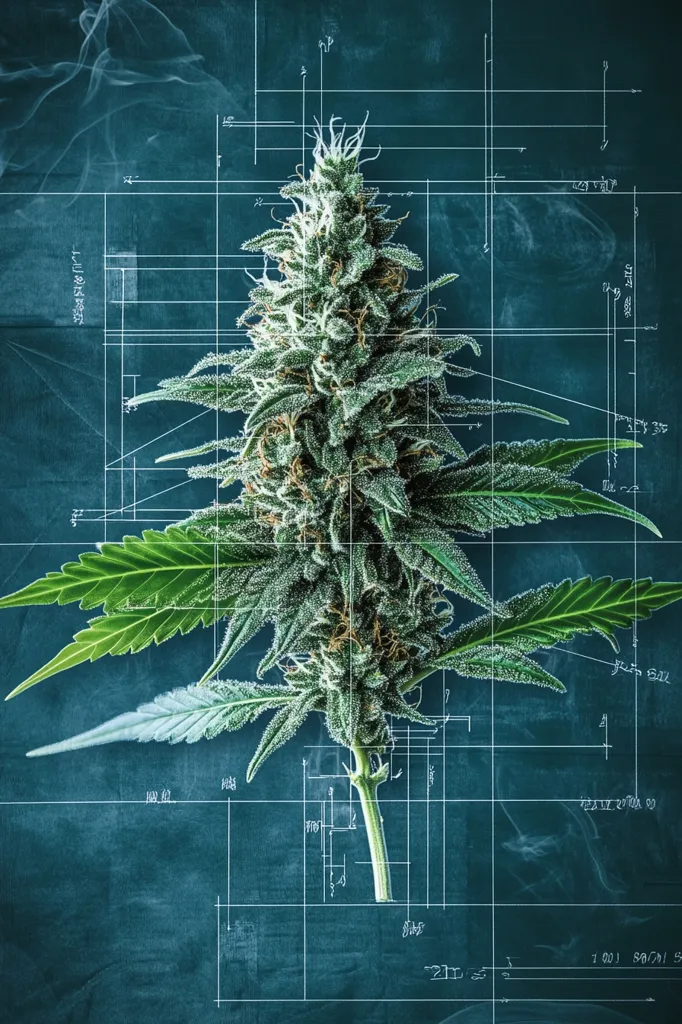 A large marijuana bud, depicted as a blueprint, stands against a teal background. The bud is drawn with a grid pattern, showing its intricate structure. White smoke swirls around the bud, adding to the hazy, scientific feel. The image suggests a fusion of nature and technology, exploring the scientific aspects of cannabis.
