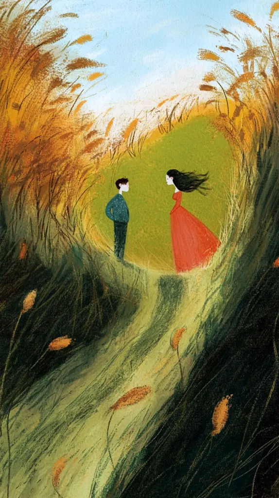 A young man and woman stand facing each other in a grassy clearing. The woman is wearing a long red dress and has long black hair, while the man is wearing a blue shirt and jeans. Tall blades of grass surround them, creating a frame around the couple. The background is a soft blue sky. The image evokes a sense of romance and quiet contemplation.