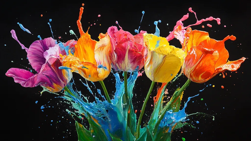 A vibrant bouquet of five tulips, painted in shades of pink, orange, yellow, and blue, explodes with color against a black background. The tulips are arranged in a cluster, with their petals outstretched and their stems intertwined.  The paint splashes are dynamic and chaotic, creating a sense of energy and movement. The vibrant colors create a stunning contrast against the black background, making the tulips the focal point of the image.