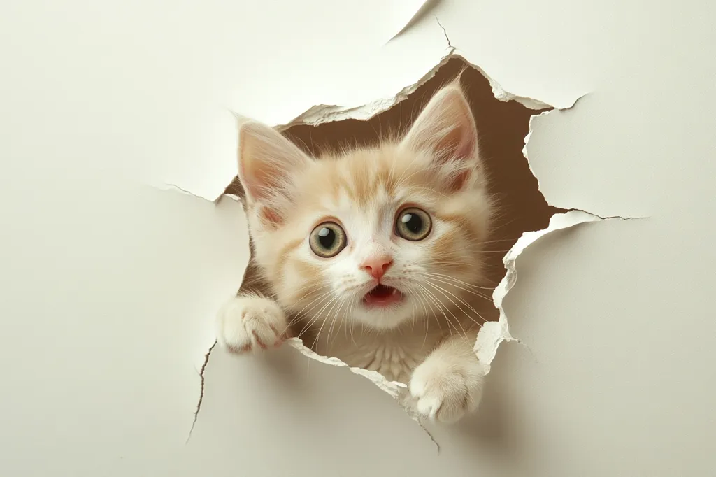 A white and orange kitten with big, round eyes peeks through a hole in a white wall. The kitten's mouth is slightly open as if in surprise or excitement. Its paws are visible on either side of the hole, suggesting it has made its way through the wall. The image is a playful and whimsical capture of a curious kitten.