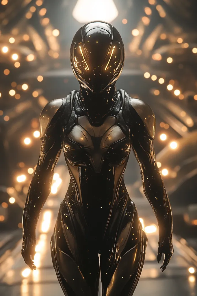 The image depicts a female figure clad in a sleek, black, futuristic suit, with a helmet that has glowing yellow accents. The figure's pose is confident and determined, suggesting a sense of strength and power. The background is blurred, creating a sense of depth and emphasizing the figure's presence. The image evokes a feeling of science fiction and adventure.