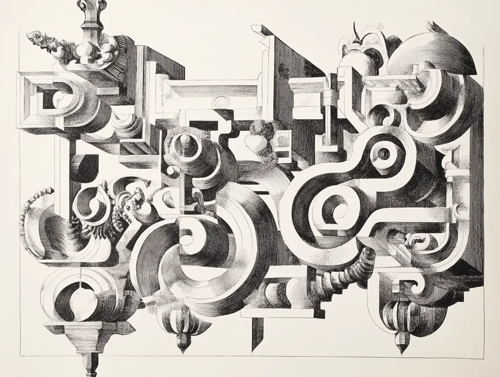 The image is a black and white pen and ink drawing of a complex, abstract composition. It appears to be a series of interconnected shapes and forms, possibly inspired by architectural elements or machinery. The intricate detail and shading create a sense of depth and dimension. The drawing is likely a study in form and structure, showcasing the artist's technical skill and imagination.