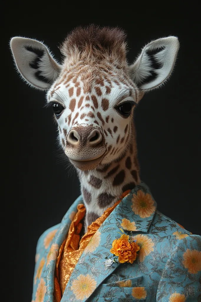 A baby giraffe wearing a blue and gold floral blazer with an orange flower pinned to the lapel. The giraffe looks directly at the camera with a sweet, curious expression. The background is a dark, solid color. The image has a whimsical and playful feel.