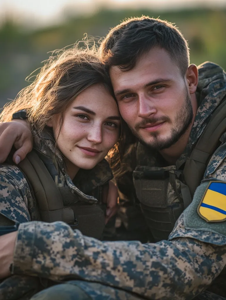 A young couple in military fatigues embrace each other. The man, with a beard, is holding the woman close, and she is looking at the camera with a soft smile. The man's arm is around the woman's waist, and they are both wearing camouflage vests. The man's arm is wrapped around the woman's shoulder. They are both wearing camouflage and have a yellow and blue patch on their uniforms. The man's patch is on his upper arm, and the woman's patch is on her shoulder. The background is blurred, and the focus is on the couple.