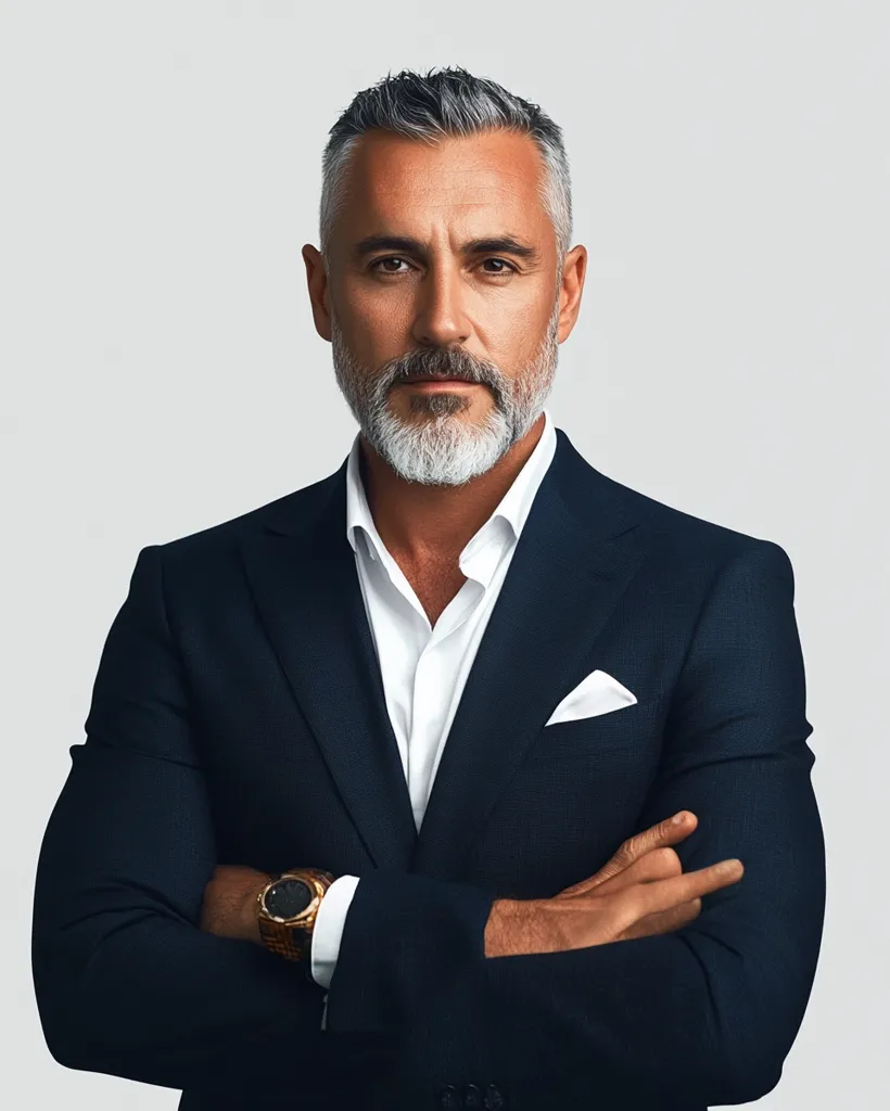 The image shows a man in a dark blue suit, white shirt, and a white pocket square. He has grey hair and a neatly trimmed grey beard. He is wearing a gold wristwatch and has his arms crossed. The man looks directly at the camera with a serious expression. The background is a simple light grey. He appears confident and composed.