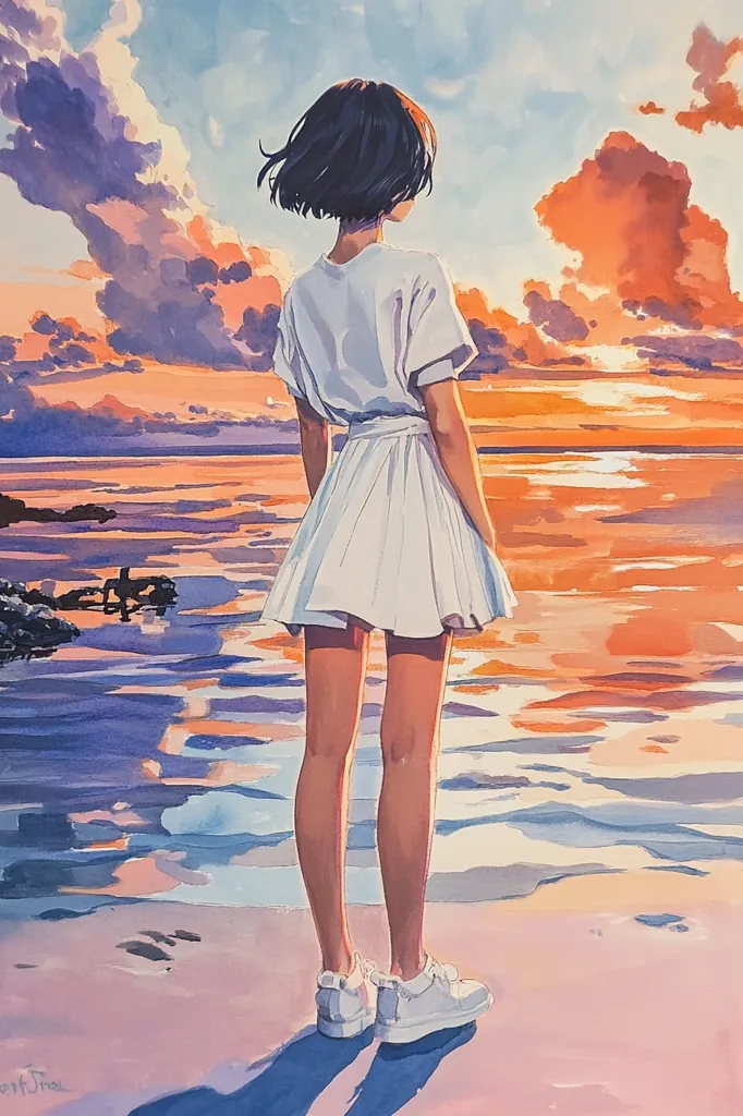 A young woman with short black hair stands on a sandy beach, gazing out at the ocean. She is wearing a white dress and white sneakers. The sun is setting in the background, casting a warm orange glow over the scene. The water is calm and reflects the colors of the sky. The woman's expression is serene and thoughtful. The image is a beautiful and peaceful depiction of a moment of quiet contemplation.