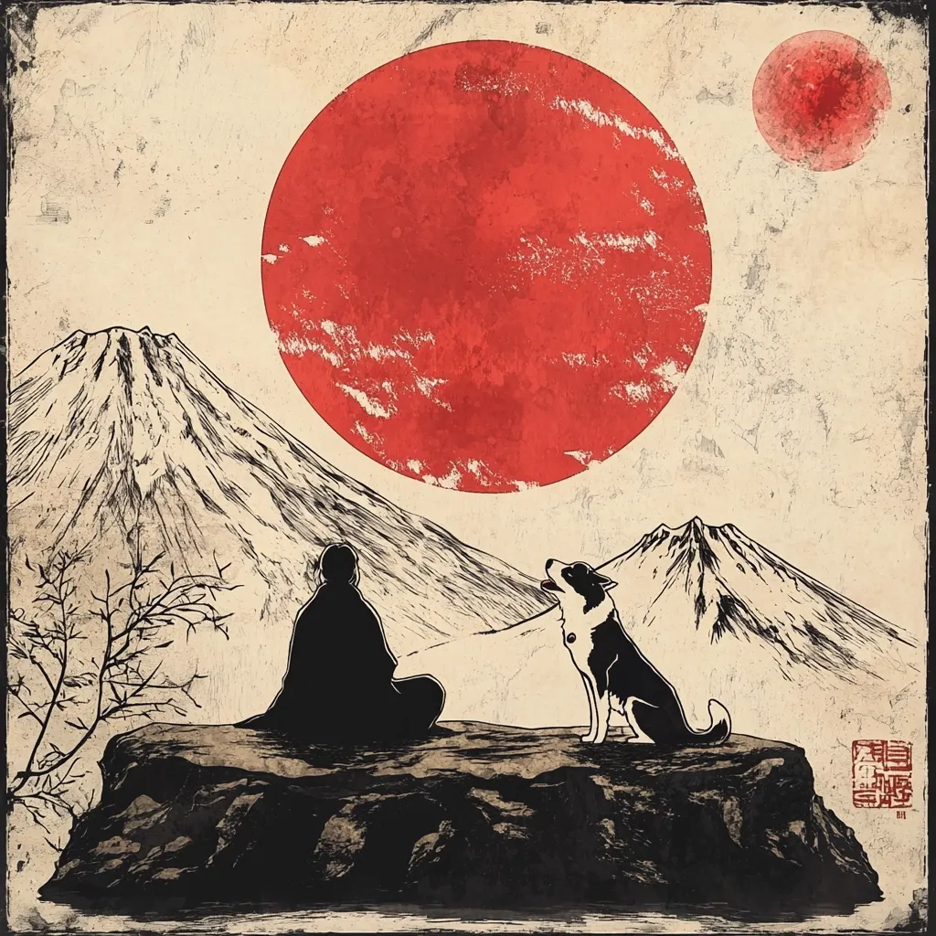 The image depicts a serene scene with a large, red moon dominating the sky. A silhouetted figure, possibly a monk, sits on a rocky outcrop, gazing towards the moon. A dog stands beside them, also looking up.  The mountains behind them are partially obscured by the moon's light, adding to the mystical atmosphere. The image evokes a sense of peace and tranquility.