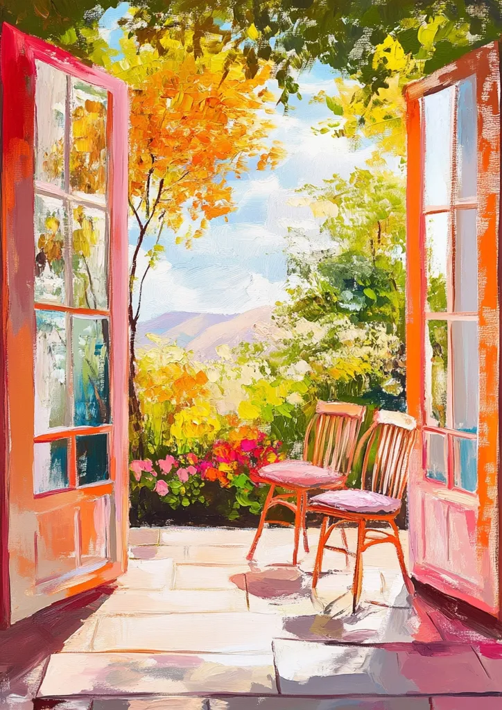 The image is a painting of a garden patio scene. Two chairs are positioned on the stone floor, with a colorful garden of flowers and greenery visible through a pair of open french doors. The sky is blue and bright, while the trees and foliage are painted with lush, vibrant colors. The overall scene is peaceful and serene, with a feeling of summer and warmth.  The painting style is impressionistic, using loose brushstrokes and bright colors.
