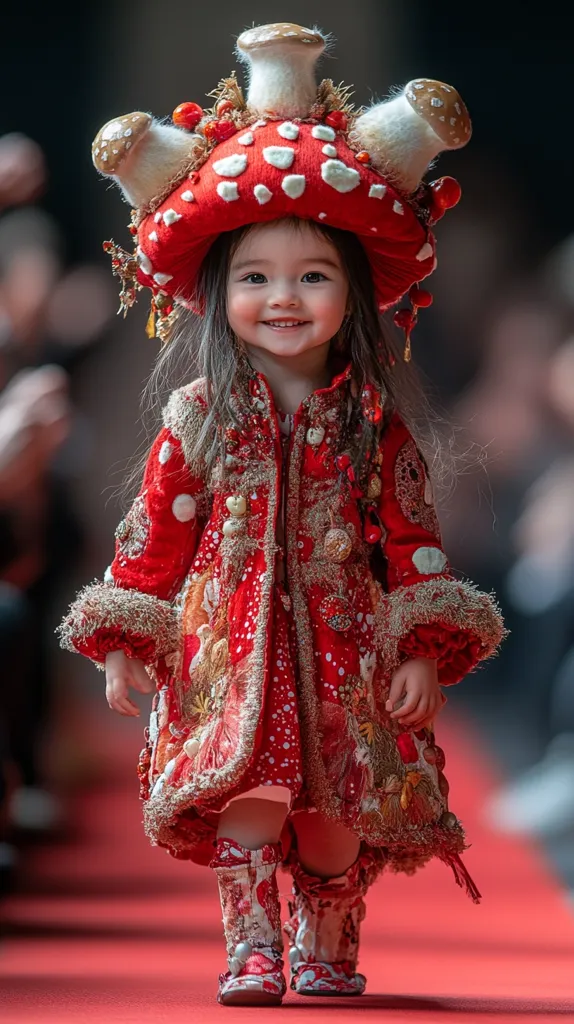 A young girl in a red, white, and gold dress walks down a red runway. She is wearing a large mushroom-shaped hat with white dots and a matching red coat. She is smiling and has a bright, playful look on her face. Her shoes are white and gold and the detail on her dress is intricate and eye-catching.  The photo captures the joy and whimsy of childhood, with the model's outfit and expression reflecting a sense of wonder and excitement.