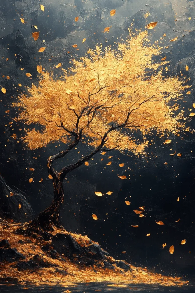 The image depicts a single tree with golden leaves against a dark, almost black, background. The leaves are falling from the tree, creating a shower of gold. The tree stands tall and proud, its branches reaching towards the sky. The image is reminiscent of a classic autumn scene, with its warm colors and falling leaves.  The dark background creates a sense of mystery and depth, while the golden leaves add a touch of beauty and light.  The image is overall tranquil and serene.