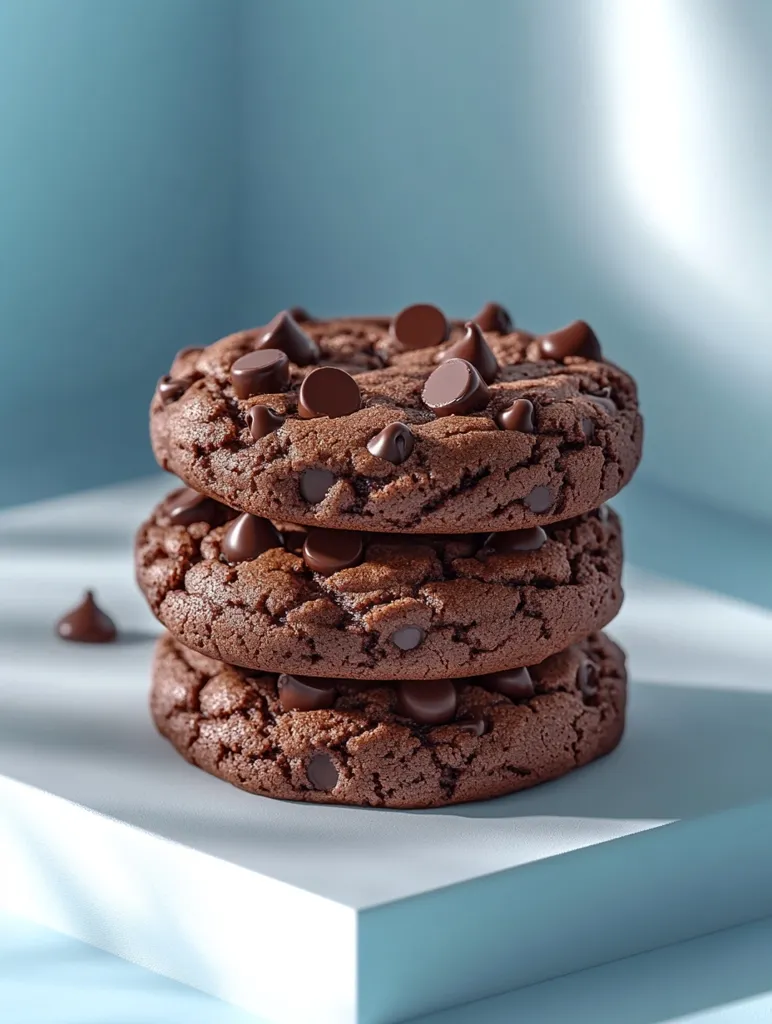 Three chocolate chip cookies are stacked on top of each other on a light blue surface. The cookies are soft and have a chocolatey flavor.  The cookies are a delicious treat for any occasion.