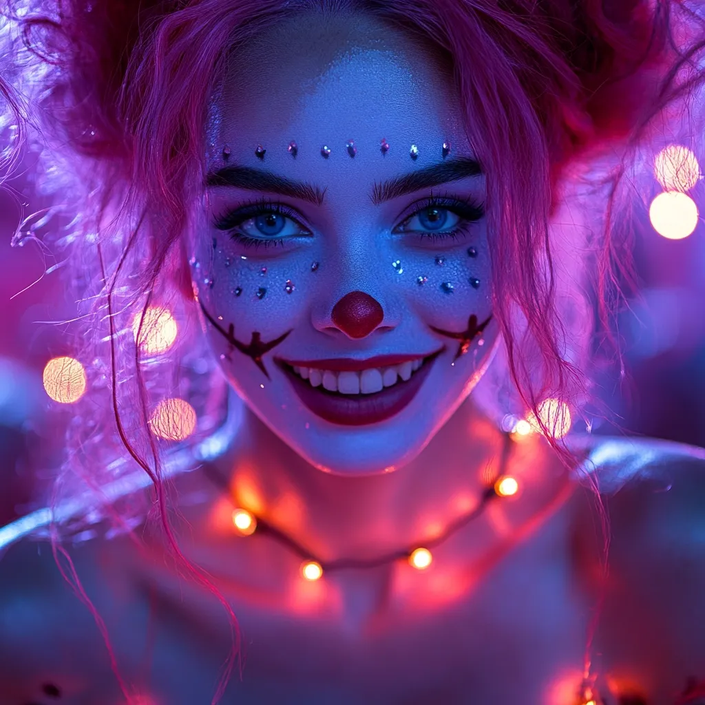 A woman with pink hair and clown makeup smiles brightly at the camera. Her face is covered in glittering makeup, and her red lips are accentuated by a red clown nose. The background is blurry, with warm, colorful lights that add a festive feel to the image. Her eyes are wide and expressive, creating a playful and slightly mischievous look. The overall impression is one of fun and lightheartedness.