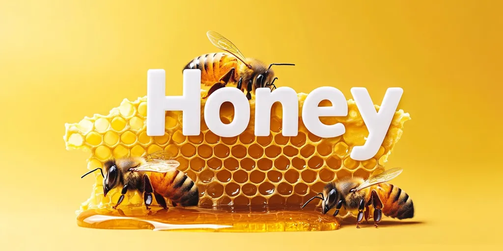 Three bees are gathered around a honeycomb, with the word "honey" spelled out in white letters. The bees are situated on the honeycomb, and honey is dripping from the bottom. The backdrop is a vibrant yellow, creating a cheerful and sweet aesthetic.