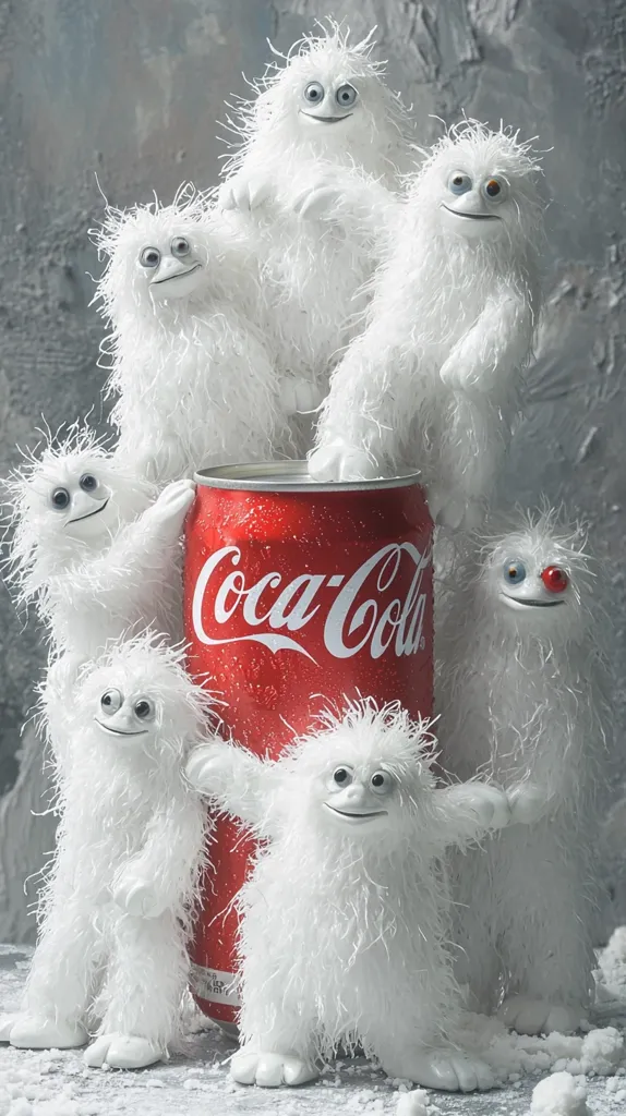 A group of fuzzy white yeti-like creatures are gathered around a can of Coca-Cola. They are all smiling and looking at the camera. The can is red and has the Coca-Cola logo on it. The background is a blurred grey concrete wall. The image is playful and festive.