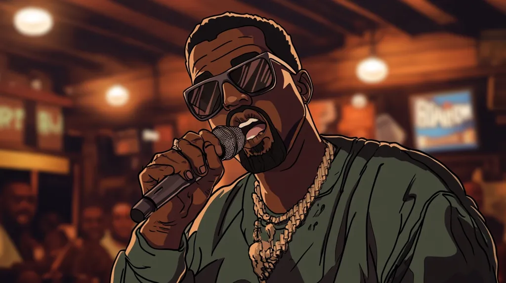 The image shows a cartoon illustration of a man wearing sunglasses and a green jacket. He is holding a microphone to his mouth and singing. He is wearing a gold chain around his neck and has a goatee beard. In the background, people can be seen sitting at tables in a dimly lit room. The image is drawn in a stylized, cartoonish style.  The lighting is warm and the background is blurred, giving the impression of a live performance.