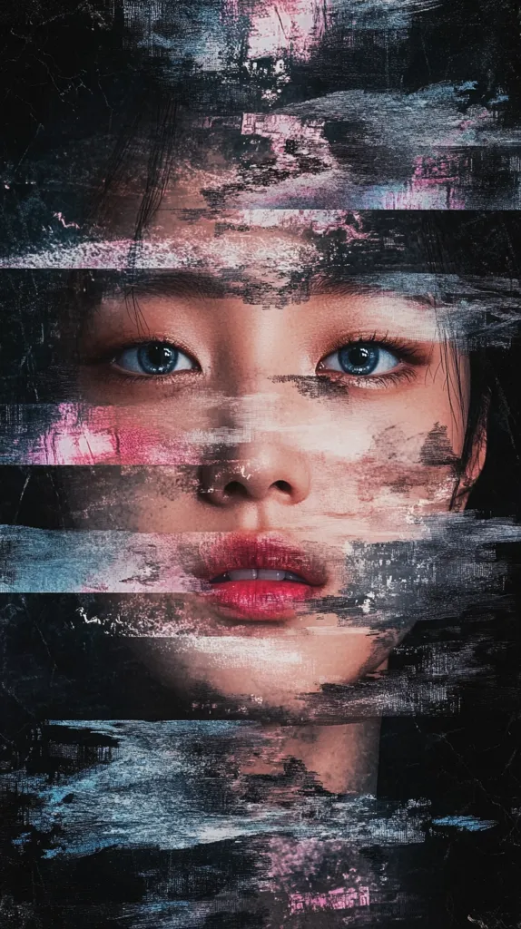 The image is of a woman's face obscured by a digital glitch effect. The woman has dark hair and is looking directly at the viewer. Her face is obscured by layers of horizontal lines, with shades of pink, white, and blue, creating a sense of distortion and mystery. The background is dark and textured, suggesting an urban or industrial setting. The overall effect is one of alienation and uncertainty, with the woman's identity and emotions remaining concealed.