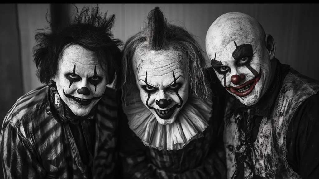 Three individuals dressed as clowns are depicted in a black and white photograph. They all have exaggerated makeup, including red noses and white faces. They are all staring at the camera with intense expressions, creating a sense of unease. The photo has a dark and sinister feel.