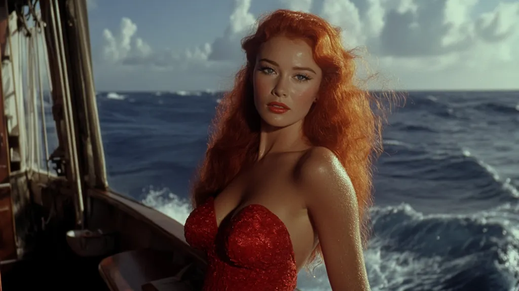 A woman with long, flowing red hair is wearing a red, strapless dress. She is standing on a boat, looking out at the ocean. The water is choppy, and the sky is bright blue with white clouds.  The woman's expression is serious and thoughtful.  She is beautiful and alluring.