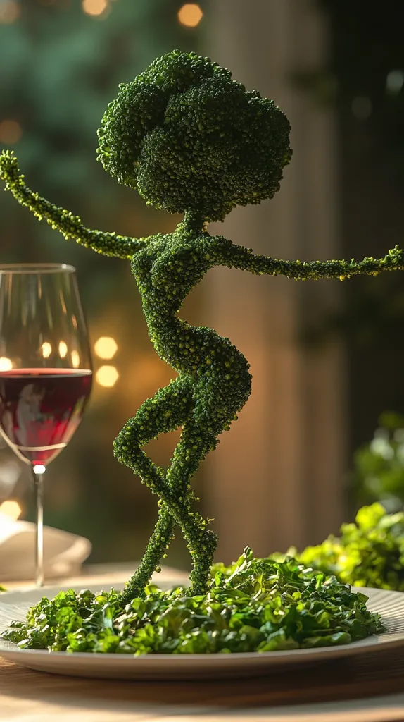 A whimsical, green sculpture, resembling a dancing woman, is made entirely of broccoli florets. It stands on a white plate with a bed of greens, and a glass of red wine sits in the foreground. The blurry background suggests a warm, indoor setting, possibly a dining table. The image is both artistic and playful, highlighting the versatility of broccoli.