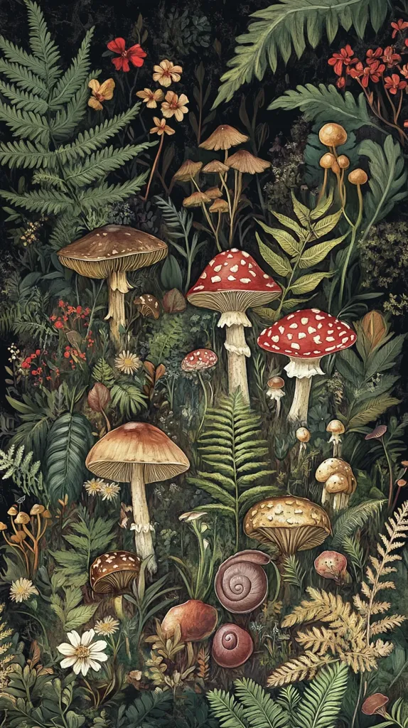 The image is a botanical illustration of a forest floor. Lush green ferns and foliage surround various types of mushrooms in shades of brown, red, and white. The mushrooms are arranged in a cluster, with some standing tall and others nestled amongst the leaves.  The image captures the beauty and detail of nature, showcasing the intricate patterns and textures of the forest floor.