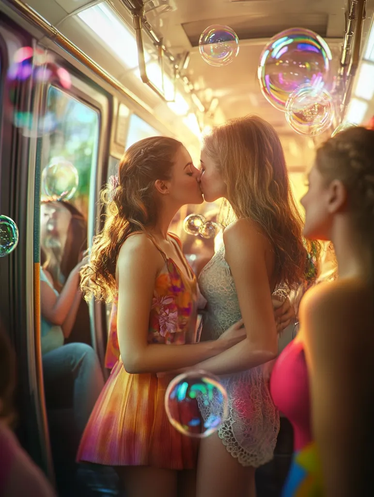 Two women are kissing on a bus, their foreheads touching. One is wearing a floral dress and the other is wearing a white lace dress.  The image is warm and filled with sunlight.  Bubbles float through the air.  A third woman in the background watches the couple.