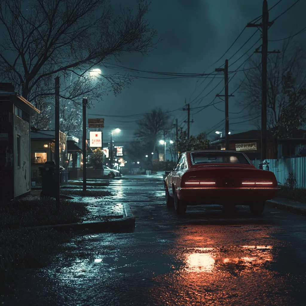 A red car drives down a wet, deserted street at night. The street is lined with buildings on either side, and there are streetlights casting a dim glow. The street is wet from the rain, and the reflections of the lights can be seen in the puddles. The image has a dark and moody atmosphere.