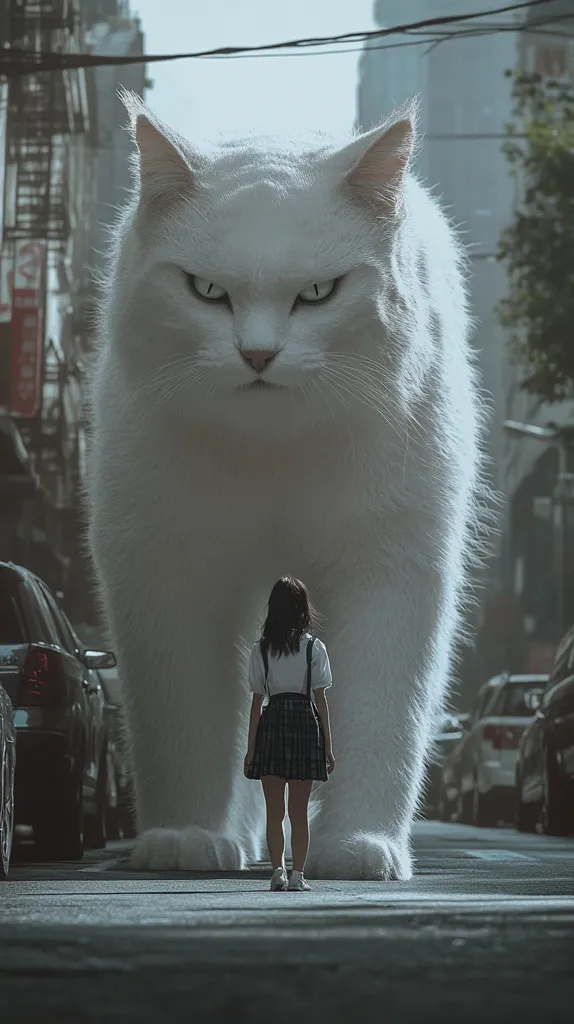 A giant white cat stands in the middle of a city street, its paws blocking the road. A young girl in a plaid skirt walks confidently towards the cat, unfazed by its imposing size.  Cars are parked on either side of the street, their drivers seemingly oblivious to the surreal scene unfolding before them. The cat's intense gaze suggests a sense of dominance and the potential for an unexpected encounter.  The image evokes a sense of wonder and the unknown, blurring the lines between reality and fantasy.