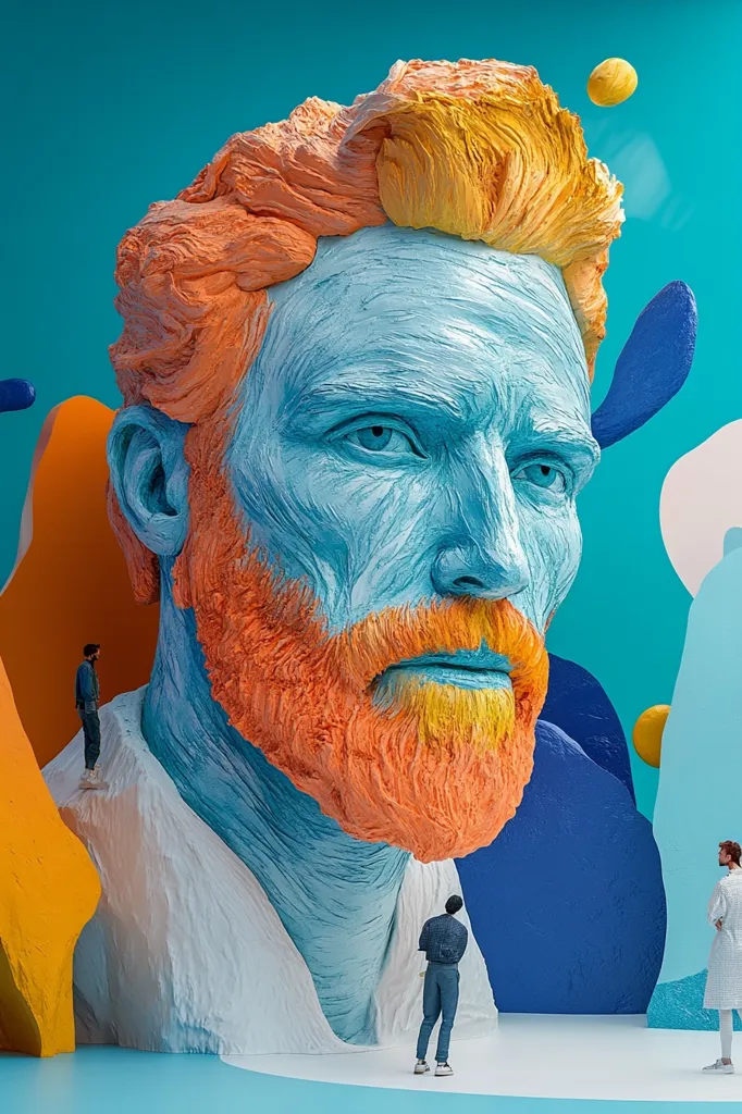 A large, colorful sculpture of Vincent Van Gogh's face is positioned against a backdrop of bright blue, yellow, and white shapes. Two figures stand in front of the sculpture, dwarfed by its size. The sculpture is painted in a textured style, mimicking the brushstrokes of Van Gogh's paintings. The scene is playful and whimsical, combining elements of modern art with a tribute to a famous artist.