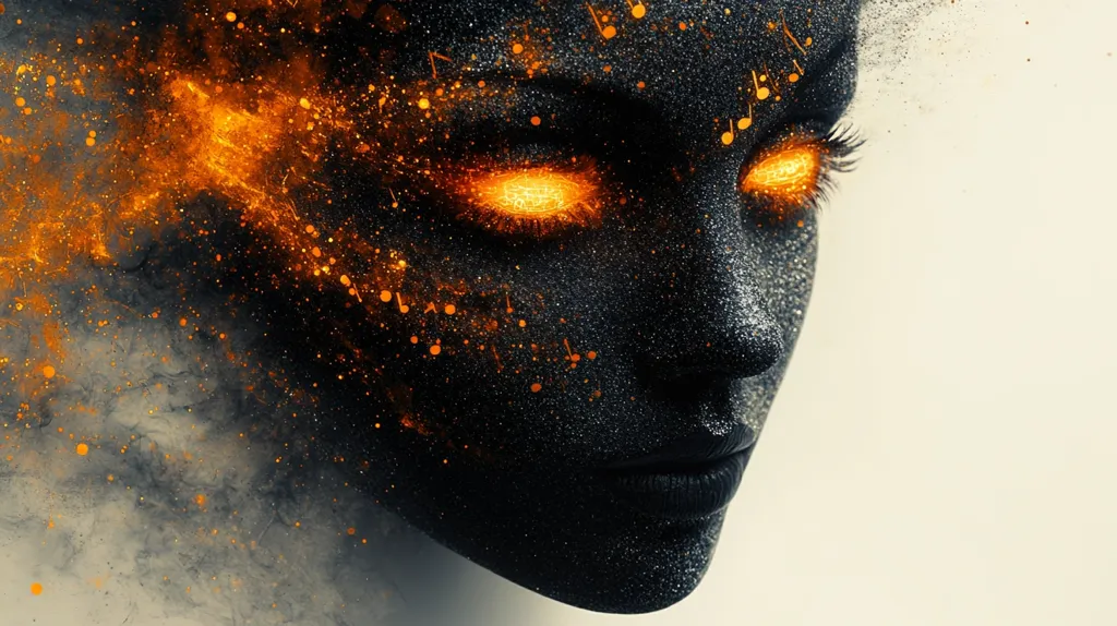 The image depicts a close-up of a woman's face, covered in black glitter and swirling orange flames. Her eyes are ablaze with orange fire, while music notes are scattered across her face. The background is a soft, blurred cream color, highlighting the intense energy of the woman's expression. The image evokes a sense of power, passion, and artistic expression.
