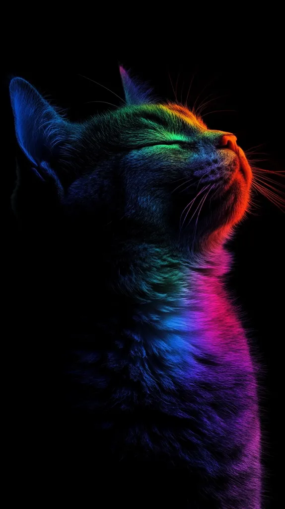 A cat's profile is illuminated in a vibrant rainbow of colors, against a black background. The cat's fur glows with hues of red, orange, yellow, green, blue, and purple, creating a mesmerizing effect. Its eyes are closed, and its whiskers are slightly visible, adding to the serene and dreamlike atmosphere. The image captures the beauty of a cat in a unique and artistic way.