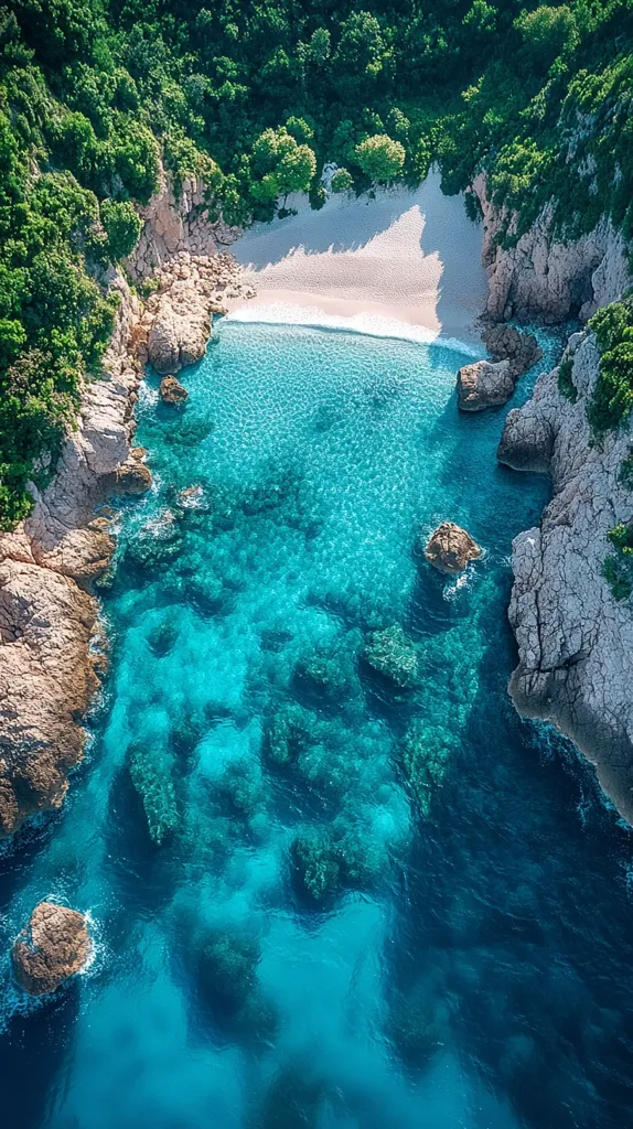 An aerial view of a secluded cove with clear turquoise water. The water is so clear you can see the rocks and sand below the surface. The cove is surrounded by lush green trees and cliffs, creating a beautiful natural frame. The scene exudes a sense of tranquility and pristine beauty.