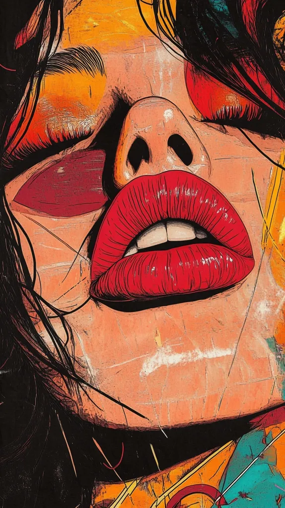 A close-up, abstract painting of a woman's face. The colors are bold and contrasting, with orange and red dominating. Her eyes are closed, and her lips are full and red, creating a sense of sensuality. The brushstrokes are visible, adding texture to the image. The overall effect is vibrant and striking.