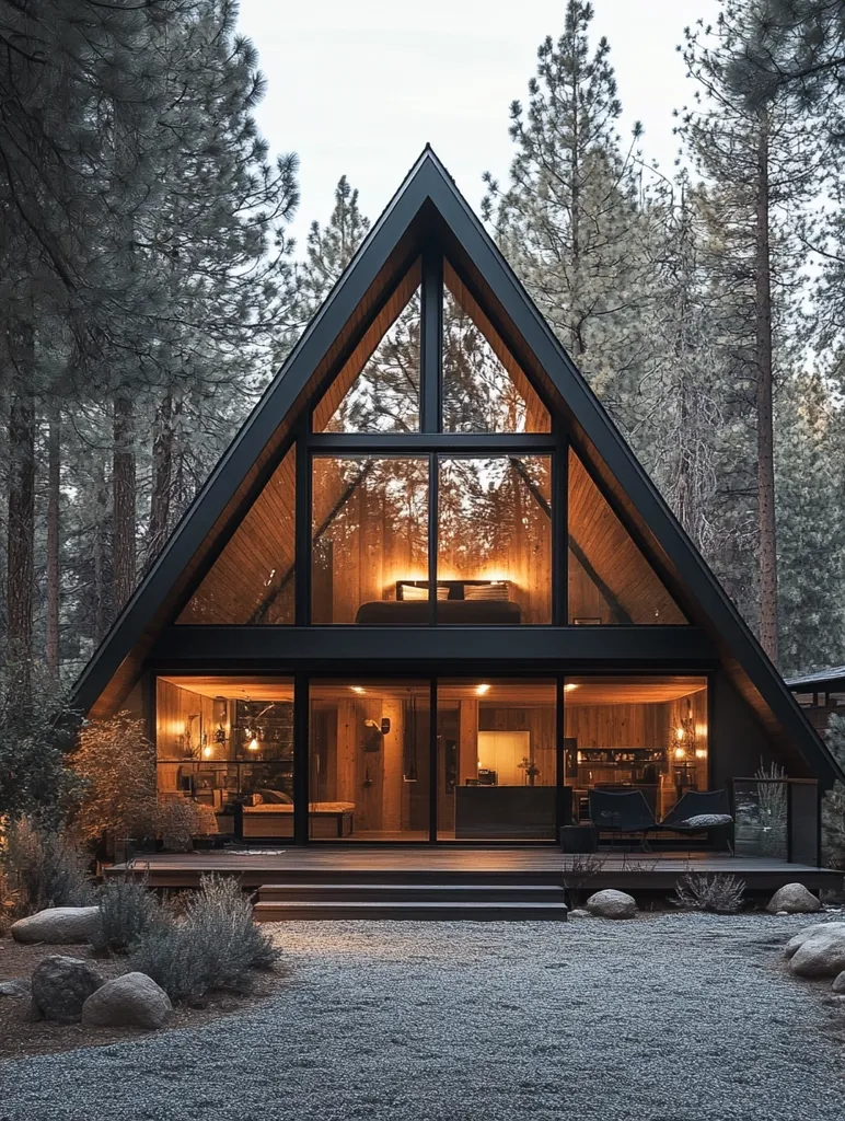 A modern A-frame cabin with a sleek black exterior sits nestled amongst tall, dark pine trees. Large windows offer a view of the cozy interior, with warm lighting and a wood-paneled living area. The cabin has a spacious wooden deck and a gravel pathway leading to the front door. The exterior is minimalist and stylish, creating a serene and peaceful ambiance.