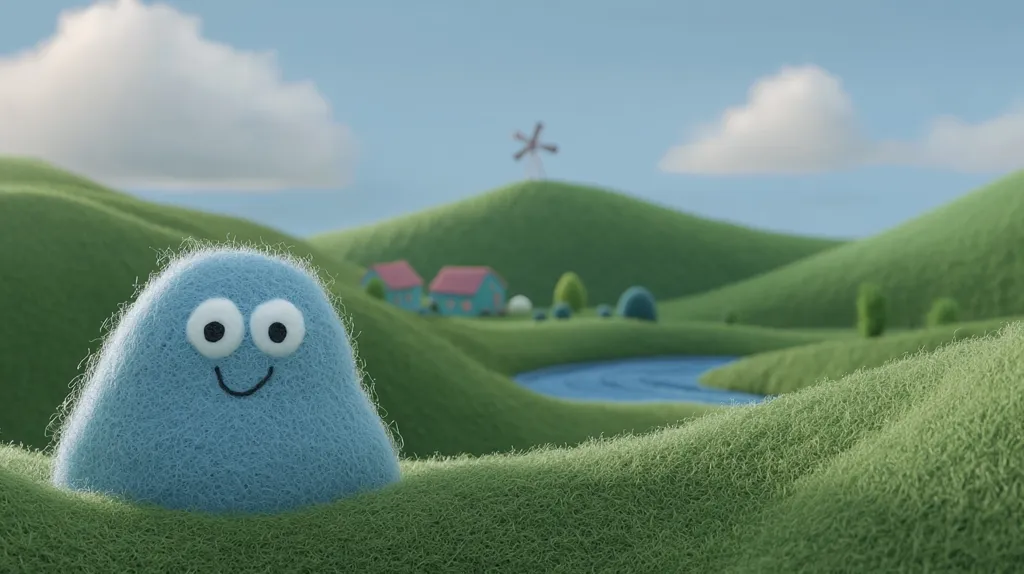 A fluffy blue creature with big eyes and a smile sits on a grassy hill in a whimsical landscape. The hills are dotted with houses, trees, and a windmill, and a blue lake winds through the scene. The sky is bright and blue with a few fluffy white clouds. The overall tone is playful and lighthearted.