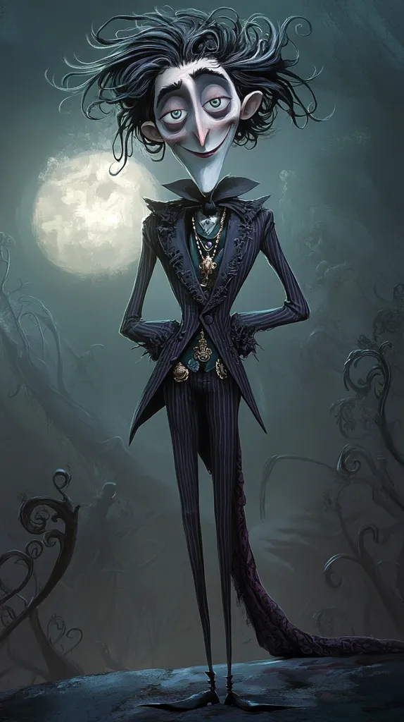 A tall, slender man with an elongated face and a sinister smile stands in a dark, shadowy forest. He is dressed in a black suit with a white cravat and a long, trailing scarf. A full moon hangs in the sky behind him. The man's long fingers and piercing eyes suggest he is a villain from a dark fantasy movie.