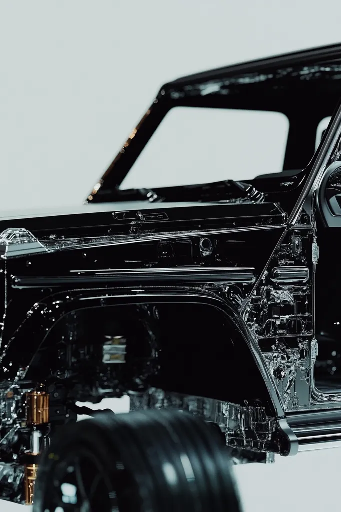 A close-up shot of a black SUV's front fender, showcasing its intricate and detailed design. The vehicle's body is partially transparent, revealing the underlying structural components.  A large tire is positioned in the foreground, adding depth to the composition. The image highlights the car's robust construction and technical sophistication.