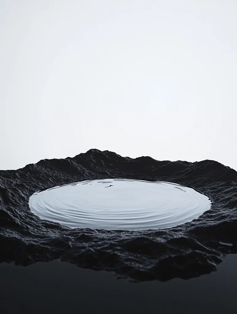 A circular body of still water, with subtle ripples, rests in the center of a dark, rocky terrain. The water reflects the surrounding landscape, creating a sense of depth and tranquility. The image is minimalist, with a white background that highlights the stark contrast between the dark landscape and the light water. The overall composition is simple yet striking, evoking a sense of peace and serenity.